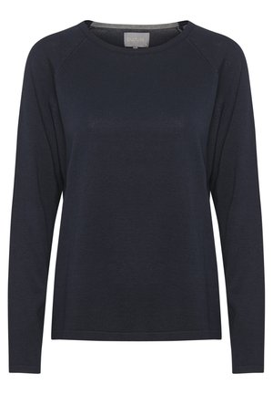 Temno modra majica z dolgimi rokavi, okroglim izrezom in raglan rokavi, izdelana iz mehke, teksturirane tkanine. Minimalističen dizajn brez vidnih vzorcev ali akcentov.