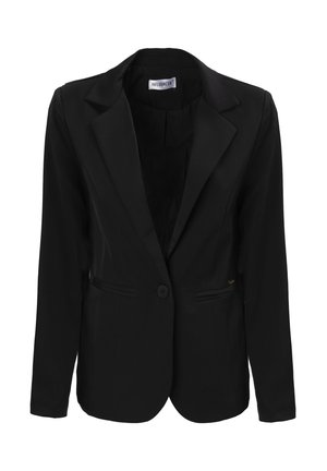 Blazer nero con una vestibilità sagomata, rever a punta, chiusura con un solo bottone, due tasche frontali e una texture di tessuto liscia. Dettaglio in oro.
