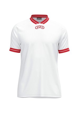 Hvid kortærmet sportstrøje med rød krave og ærmekanter, med JAKO Sport-logo på brystet og indersiden af kraven.