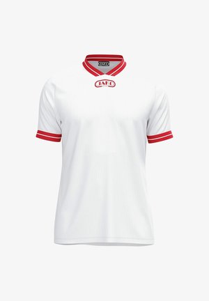 Wit sportshirt met korte mouwen met rode kraag en mouwranden, met een JAKO Sport-logo op de borst en binnenin de kraag.