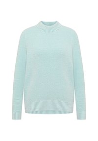 Maglione lavorato a maglia blu chiaro con un motivo testurizzato, collo alto e polsini a coste. Vestibilità ampia con orlo dritto.