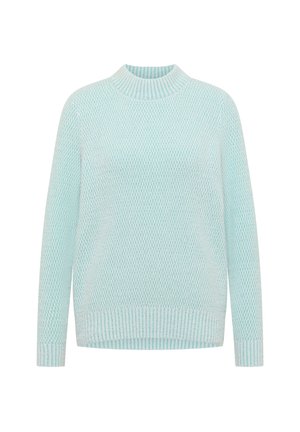 Světle modrý pletený svetr s texturovaným vzorem, vysokým límcem a žebrovanými manžetami. Volný střih s rovného lemem.