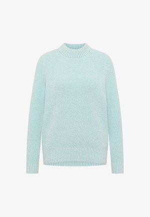 Maglione lavorato a maglia blu chiaro con un motivo testurizzato, collo alto e polsini a coste. Vestibilità ampia con orlo dritto.