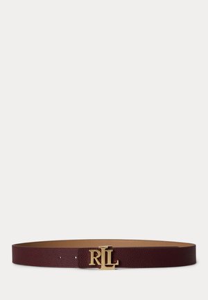 Ceinture en cuir marron foncé avec une boucle dorée affichant les lettres R, L et L dans un design superposé.