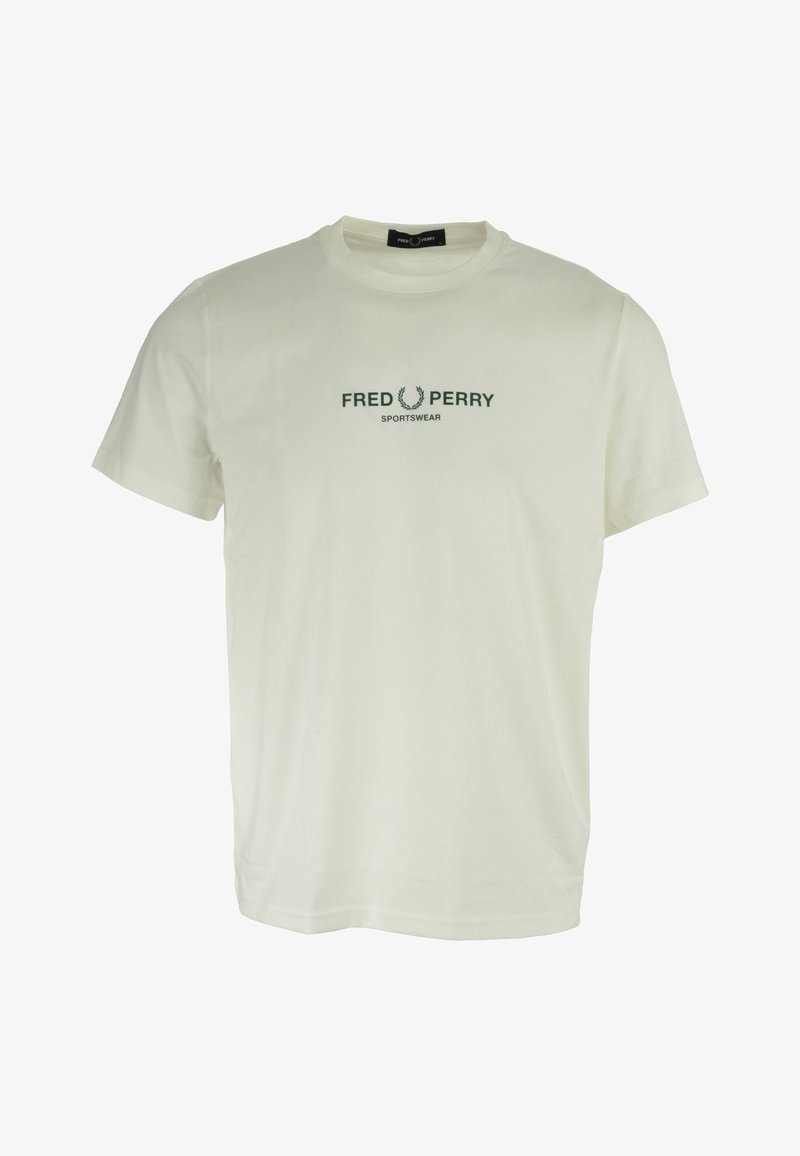 Hvid bomulds t-shirt med korte ærmer, prydet med et grønt "FRED PERRY" logo og "SPORTSWEAR" tekst på brystet. Klassisk crew neck design.