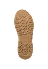 Semelle en caoutchouc avec une surface texturée et décorée de motifs en zigzag et en triangle. La couleur est brun clair avec une finition lisse.