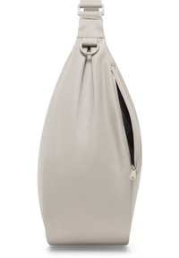 Borsa a spalla beige con tessuto testurizzato, forma arrotondata, tracolla regolabile e tasca con zip sul lato per un accesso facile.