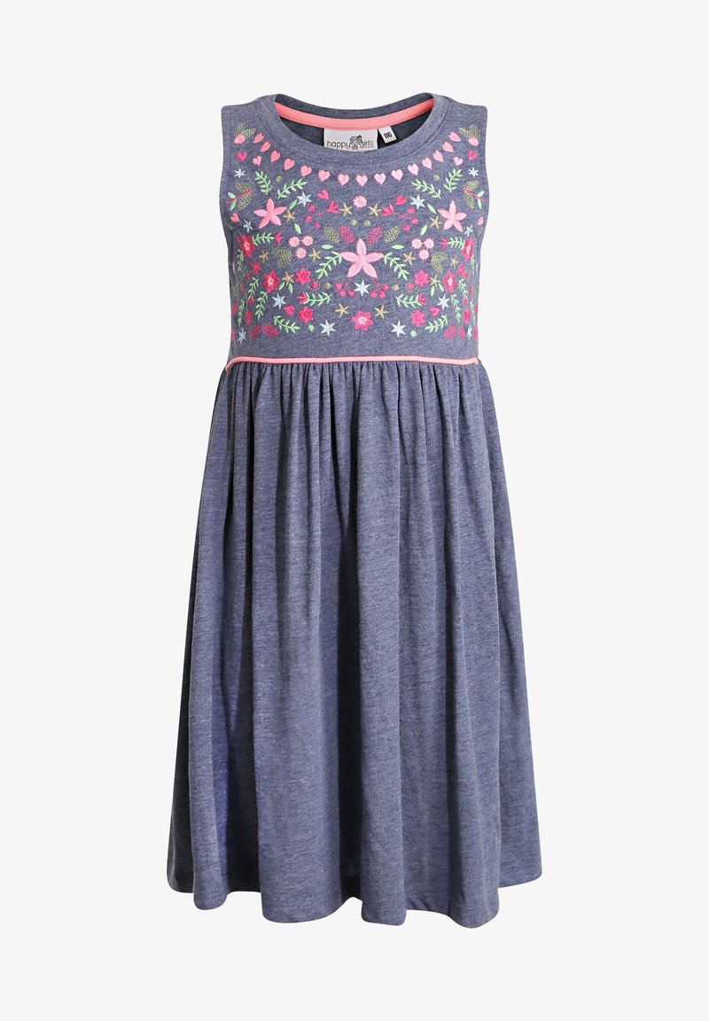 Sleeveless denim blue dress with floral embroidery in pink and green, gathered skirt, and pink trim at the waist. Soft cotton fabric.