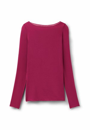 Dlouhý rukáv, jednobarevné triko s kulatým výstřihem ve výrazné purpurové barvě, položeno na rovné bílé pozadí, bez vzorů nebo ozdob.