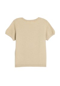 Beżowy długi rękaw. Dzianinowy top z okrągłym dekoltem, prążkowanym dołem i gładką fakturą. Prosty design, bez wyraźnych detali czy wzorów.