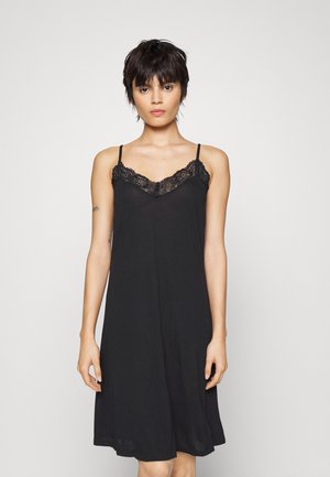 Black camisole dress with lace trim along the neckline, adjustable spaghetti straps, and a relaxed fit, made from smooth fabric.
