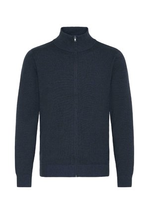 Felpa girocollo zip nera scura con colletto alto, texture a coste, maniche lunghe e orlo dritto. Design semplice senza motivi o dettagli.