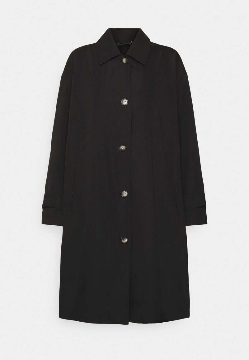 Manteau noir longueur genoux avec col pointu, cinq boutons devant, manches longues et poches latérales, présenté sur fond blanc.