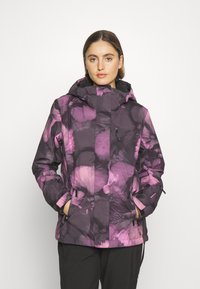 Women's waterproof jacket in purple with abstract floral pattern, featuring a hood, two side pockets, adjustable cuffs, and a front zipper.