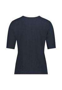 Haut en maille bleu marine à manches courtes avec un col rond, vu de dos sur un fond blanc.