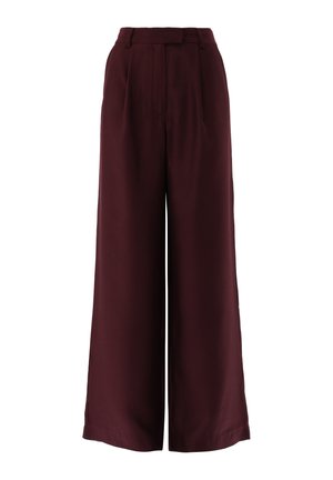 Burgundy wide-leg trousers made of smooth fabric, featuring a high waist, pleated front, and no visible hardware or patterns.