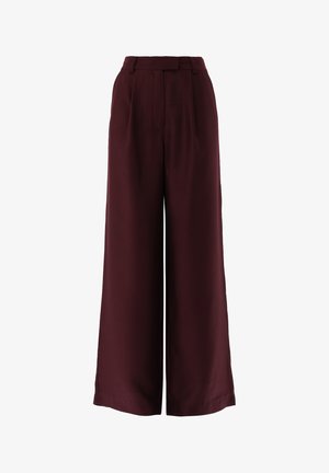 Burgundy wide-leg trousers made of smooth fabric, featuring a high waist, pleated front, and no visible hardware or patterns.