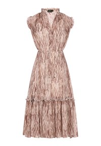 Braun und cremefarbendes gemustertes ärmelloses Kleid mit Rüschendetails, einer taillierten Taille und einem gestuften Saum aus leichtem Stoff.