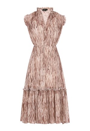 Browns un krēmkrāsas rakstainas bezpiedurkņu kleitas ar frill detaļām, ar pieguļošu jostasvietu un daudzlīmeņu apakšmalu, kas izgatavota no viegla materiāla.