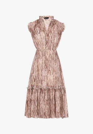 Barna és krémszínű mintás, ujjatlan ruha fodros részletekkel, cinchelt derékkal és többszintű szegéllyel, könnyű anyagból készült.