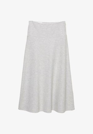 Gonna grigia, lunga fino al ginocchio, realizzata in un tessuto morbido e elastico, con una vita aderente e un design svasato. Senza motivi o dettagli decorativi.