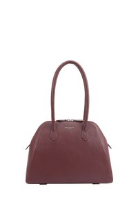 Donker bordeaux leren handtas met afgeronde handgrepen, zilveren ritssluiting en subtiel merkembleem op de voorkant in het midden.