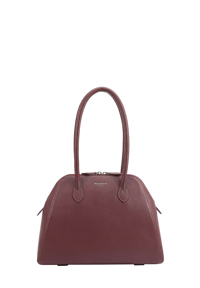 Donker bordeaux leren handtas met afgeronde handgrepen, zilveren ritssluiting en subtiel merkembleem op de voorkant in het midden.