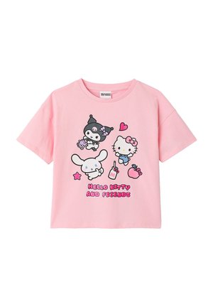 Pink short-sleeve shirt with Hello Kitty and friends characters, hearts, star, apple, milk bottle, and "Hello Kitty and Friends" text in glittery pink.