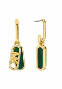 Guldtonade örhängen med gröna malakitstenar. Rektangulära former med en länkdesign accentuerad av kristaller och en polerad yta.