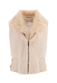 Veste en fausse fourrure beige clair, dotée d'une fermeture éclair et de détails matelassés sur les côtés. Texture douce et design à col intégral.