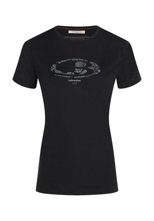 T-shirt nera a maniche corte realizzata in tessuto morbido, con una grafica a contorno bianco e testo che recita "icebreaker 1988" sotto il design.