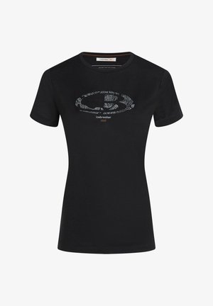 Schwarzes Kurzarm-T-Shirt aus weichem Stoff mit einem weißen Umriss-Grafik und dem Text "icebreaker 1988" unter dem Design.