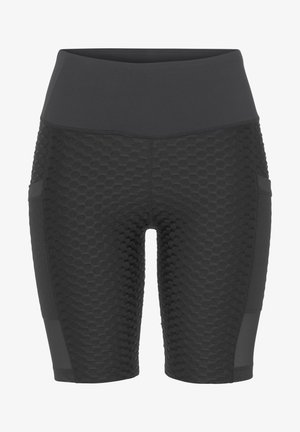 Black athletic shorts with a textured honeycomb pattern, high waistband, and side pockets; made from stretchy material for comfort.