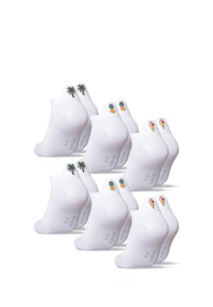 Sets of white ankle socks with small embroidered designs of palm trees, pineapples, and ice cream cones on the ankle cuffs.