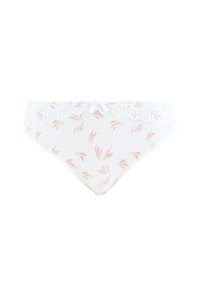Culotte en coton blanc avec un motif floral rose, bordure en dentelle à la taille et un petit nœud au centre devant.
