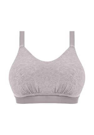 Sujetador gris sin costuras con tirantes ajustables, detalles fruncidos en la banda y tejido de textura suave. Sin cierres visibles ni acolchado.