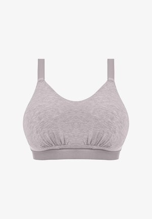 Grijze naadloze bralette met verstelbare bandjes, geplooide details op de band en een gladde stof. Geen zichtbare sluitingen of padding.