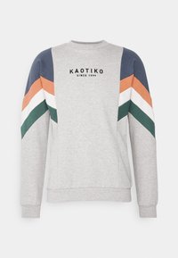 Grijze sweatshirt met kleurvlakmouwen in marineblauw, oranje, wit en groen. Voorzien van een ronde hals en de tekst "KAOTIKO since 1999" op de borst.