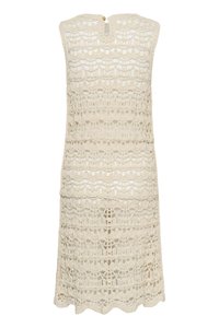 Robe sans manches en dentelle crochet beige mi-longue, avec ourlet festonné et fermeture par boutons à l'arrière du col.