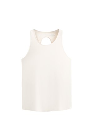 Ærmeløs cremefarvet tanktop med rund halsudskæring og lille udskæring øverst på ryggen.