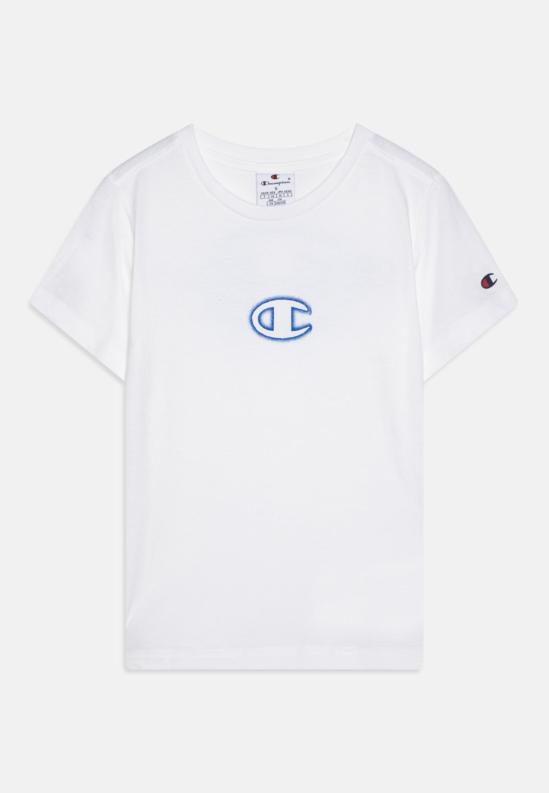 Camiseta blanca de algodón con cuello redondo, logo bordado azul en el pecho y pequeño logo bordado en la manga. Mangas cortas.