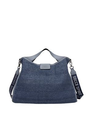 Blaue geflochtene Handtasche mit einem texturierten Design, ausgestattet mit einem glatten blauen Lederbesatz und Schultergurt mit dem Text "LIMITIERTE EDITION".