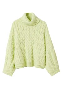 Pull en maille torsadée de couleur vert lime clair, avec un col roulé haut, des manches larges et des poignets et un ourlet côtelés pour plus de texture.