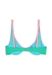 Soutien-gorge à armatures avec bonnets turquoise, bretelles réglables roses et bande verte avec fermeture à agrafes dans le dos.