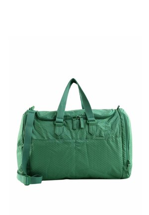 Sac de sport vert texturé avec doubles poignées, fermeture éclair et bandoulière réglable sur fond blanc.