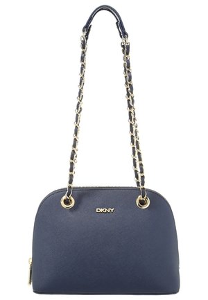 Navy blue dome-shaped handbag with gold DKNY logo, gold chain and leather braided shoulder strap, and top zipper closure.