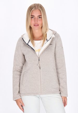 Giacca zip-up grigia chiara con una finitura testurizzata, cappuccio foderato in pile e due tasche laterali. Presenta una cerniera a contrasto e dettagli ricamati.