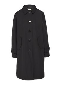 Zwarte trenchcoat van gladde stof, voorzien van een kraag, knopen aan de voorkant, twee zijzakken en verstelbare manchetten. Eenvoudig en recht ontwerp.