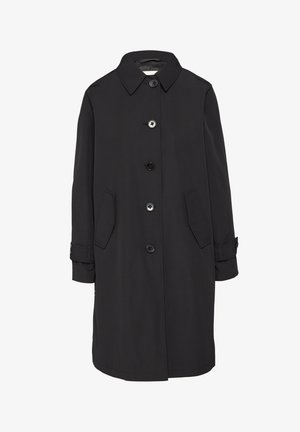 Schwarzer Trenchcoat aus glattem Stoff, mit Kragen, vorderen Knöpfen, zwei Seitentaschen und verstellbaren Manschetten. Schlichtes und gerades Design.