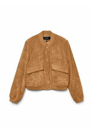 Tan corduroy bomberjack met ribbeltextuur, strakke manchetten en twee voorkruisen. Voorzien van een ronde kraag en knoopsluiting.